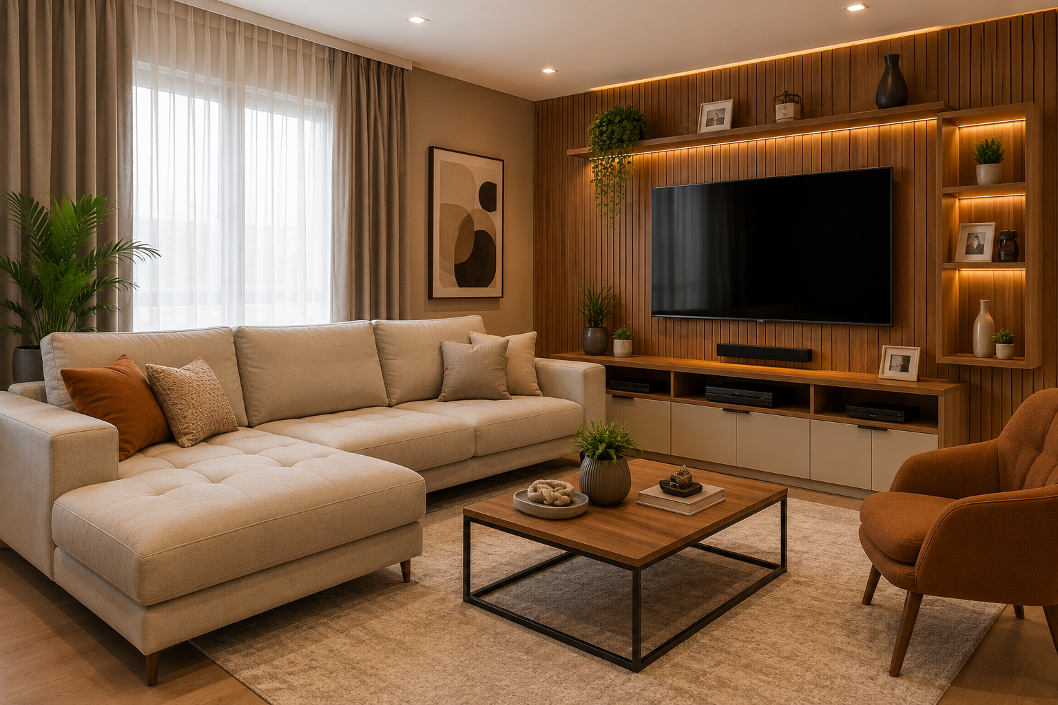 Sala de estar moderna com sofá, painel de TV e poltrona